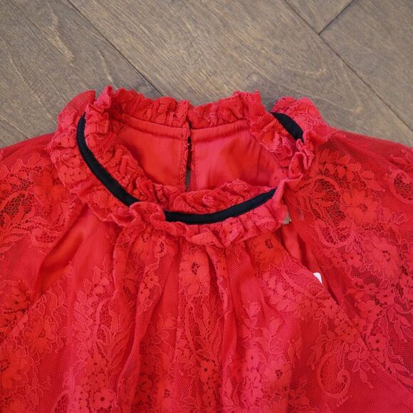 Romantic Three Floor Split Tease Cutout Long Sleeve Floral Lace Maxi Dress Red 8 - Picture 12 of 16